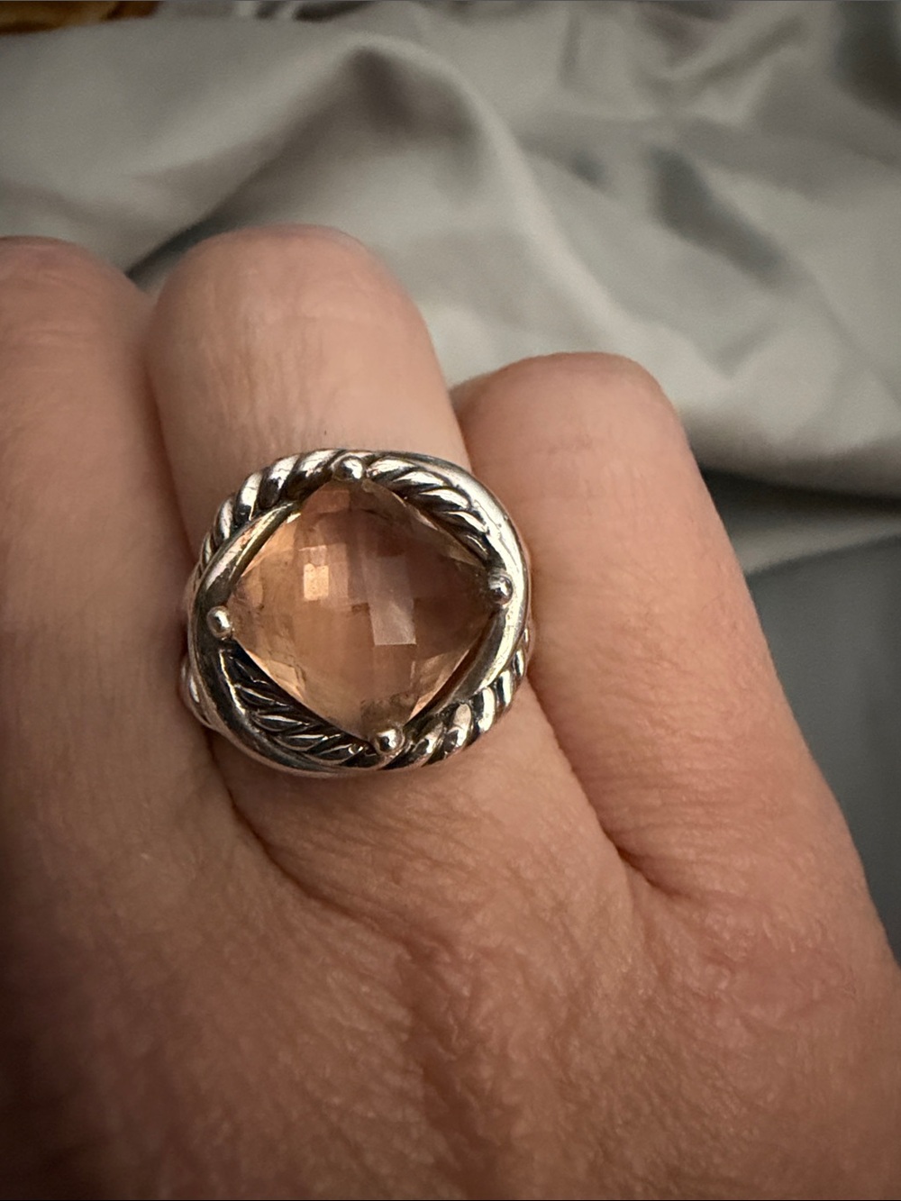 David Yurman Sterling Silver Ring with Peach Cushion Stone